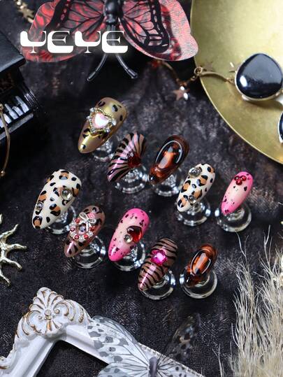 10pcs Fake Nails Almond Medium,Brown,Beige,Pink,Gradient Color,Leopard Printing,Zebra-Stripe,Amber,3d Tthree-Dimensional Decoration Heart Rhinestone Decor,Garland,Charms Nordic Full Coverage Press On Nails Y2K Handmade Set,Rock Style Nail Supplies Includes 1 Mini Nail File And 1 Adhesive Sheet,Nail Art Suitable For Women And Girls,For Daily Use, Party, Weddings, Music Festival,New Year,Etc