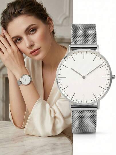 1pc Unisex Silver-White Mesh Stainless Steel Quartz Watch, Fashionable Business Style Neutral Wristwatch Suitable For Men And Women, Minimalist Dial Design Suitable For Daily Commute And Business Occasions, Ideal Gift For Friends And Couples On Birthday, Christmas, Anniversary, Back To School, Holidays
