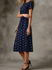 Summer Casual Polka Dot Print Button Front Dress - Navy Blue - View 2