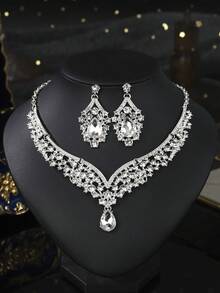 3件套银色新娘项链耳环首饰套装，优雅婚礼派对配饰 - 銀色 - 查看 7