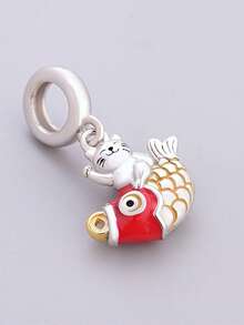 1 Piece 925 Sterling Silver Cat And Goldfish Charm, Enamel Cat Playing Fish Dangle Pendant Bead DIY Jewelry Gift - Silver - View 2