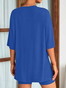 PRETTYGARDEN Women's Summer Clothes 2 Piece Sets Lounge Set Casual Oversized Shirts Biker Shorts Matching Airport Travel Sweatsuit Set Women Vacation Outfit Royal Blue Summer Brunch Outfits For Women - 寶藍色 - 查看 2