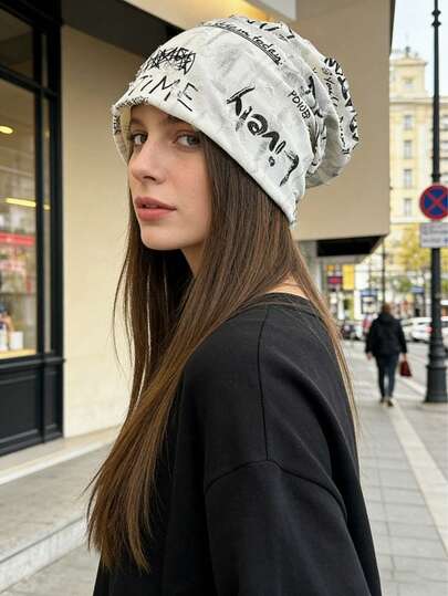 1pc Letter Stacked Sleep Cap, Maternity Cap, Wide Brim Warm, Fashionable Letter Design Cover Cap, Unisex Outdoor Casual Cap, Women Hair Accessory