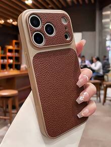 时尚荔枝纹皮革质感大窗口手机壳，兼容 17 Pro Max、17 Pro、16 Pro Max、15、14 Pro、13、12 Pro、17，带摄像头保护，磨砂柔软防摔保护套 - 深棕色 - 查看 1