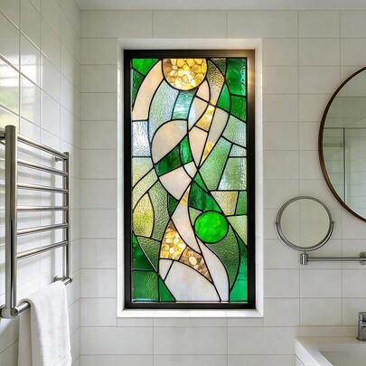 1/5 قطعة من الأنماط الحديثة للصق النوافذ بالشحن الكهروستاتيكي. PVC مقاوم للماء قابل للإزالة. تصميم هندسي متناظر بطراز أخضر، حماية الخصوصية، مناسب للحمام والنوم