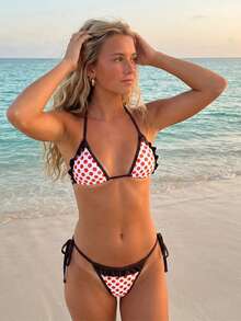 Conjunto de bikini de 2 piezas para mujer, con estampado de lunares, sujetador halter y braguita de cintura baja, traje de baño - Rojo - Ver 5