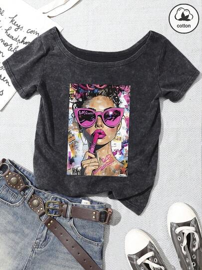 Summer Women's Fun Print "Eye-Catching Pop Art" Personalized Pattern Print Street , Korean Style Comfortable Retro Basic Fashion Commuting Versatile Y2k Clothing Women's Clothing, Suitable For Outdoor Leisure, Regular Niche Punk Style Black Top Slim Fit Sexy Slanted Shoulder One Shoulder Wash Short Sleeved T-Shirt