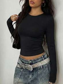 Long-Sleeve, Round-Neck, Slim-Fit White T-Shirt, Everyday Casual And Versatile Top, Basic Autumn And Winter Inner Layer. Spring Black - Black - View 3