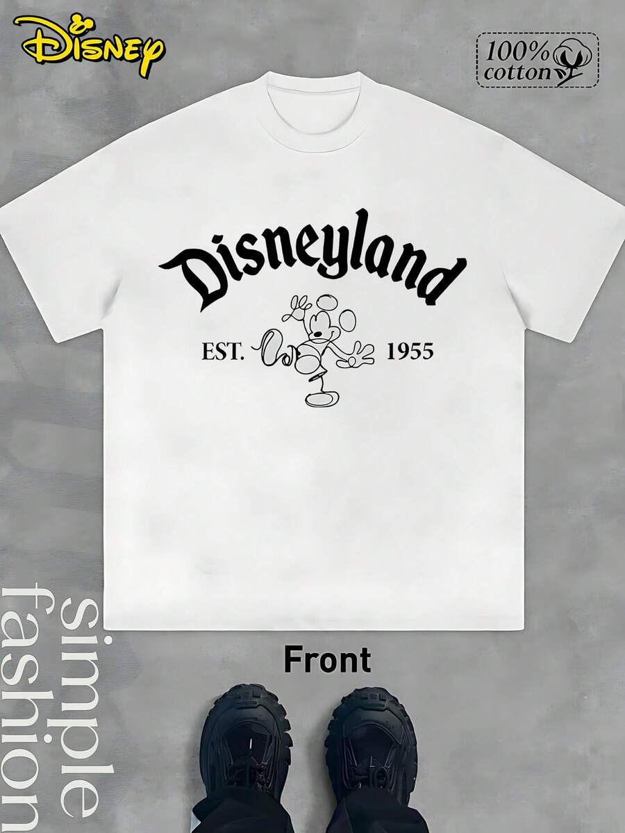 1955 Disneyland Anniversary Mickey Mouse T-Shirt Print, Summer Round Neck Short Sleeved Casual Pure Cotton T-Shirt, Birthday, Party And Casual Wear Summer Casual Shirt (220 Pure Cotton T-Shirt) - trắng - Xem 1