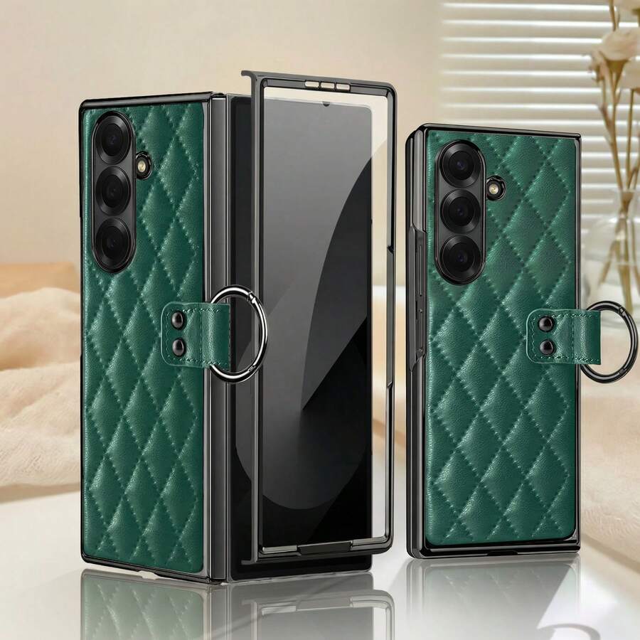 ALuoQ Fashion Plaid Leather Ring Grip Phone Case With Tempered Glass Lens Protector, Compatible With Samsung Galaxy Z Fold 2/3/4/5/6/7, Shockproof Protective Cover