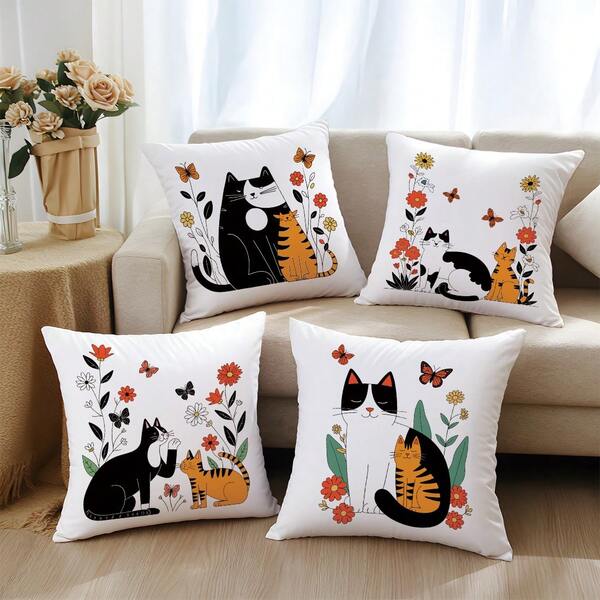 4pcs Cartoon Abstract Cat & Floral Pattern Throw Pillow Covers, Single-Sided Soft Peach Velvet Fabric, 45*45CM Cushion Covers For Home Bedroom Living Room Party Decor, Sofa Decorative Pillow Covers, Holiday Gift (No Pillow Insert)