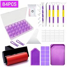 Bộ dụng cụ tự làm tranh đính đá tím 5D, tranh thêu chữ thập, bút thêu, nhíp, phễu và khay. - Bộ - Xem 1
