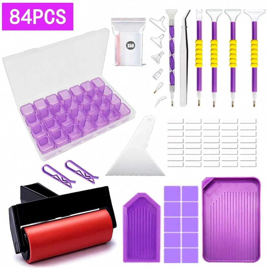 Bộ dụng cụ tự làm tranh đính đá tím 5D, tranh thêu chữ thập, bút thêu, nhíp, phễu và khay. - Bộ - Xem 1