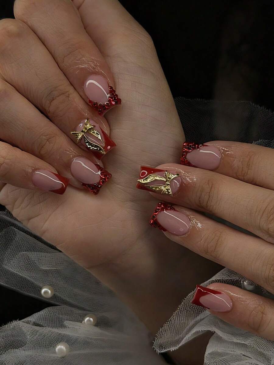 24 móng tay giả vuông cỡ trung bình màu đỏ kiểu Pháp nhọn với nơ vàng và đá pha lê đỏ, kiểu dáng tối giản, phủ kín toàn bộ móng, thích hợp sử dụng hàng ngày, dành cho nữ và bé gái. - Nhiều màu - Xem 1