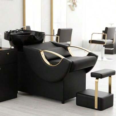 Professional Shampoo Backwash Station With Removable Footrest, Salon Shampoo Bowl And Chair Set Reclining Salon Chairs For Hair Stylist With Sink, Leather Salon Styling Chair Station Modern Hair Styling Chair For Home Beauty Salon Shop