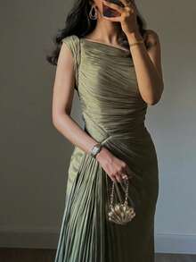 Vestido de noche brillante con volantes y cinta, elegante para fiesta - Verde Oliva - Ver 3