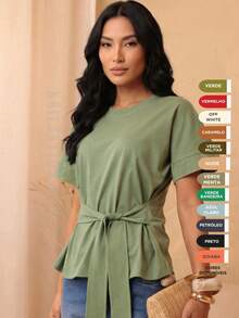 Stylish Women's Cotton T-Shirt With Tie Detail, Short Sleeves - Màu xanh Bạc hà - Xem 1