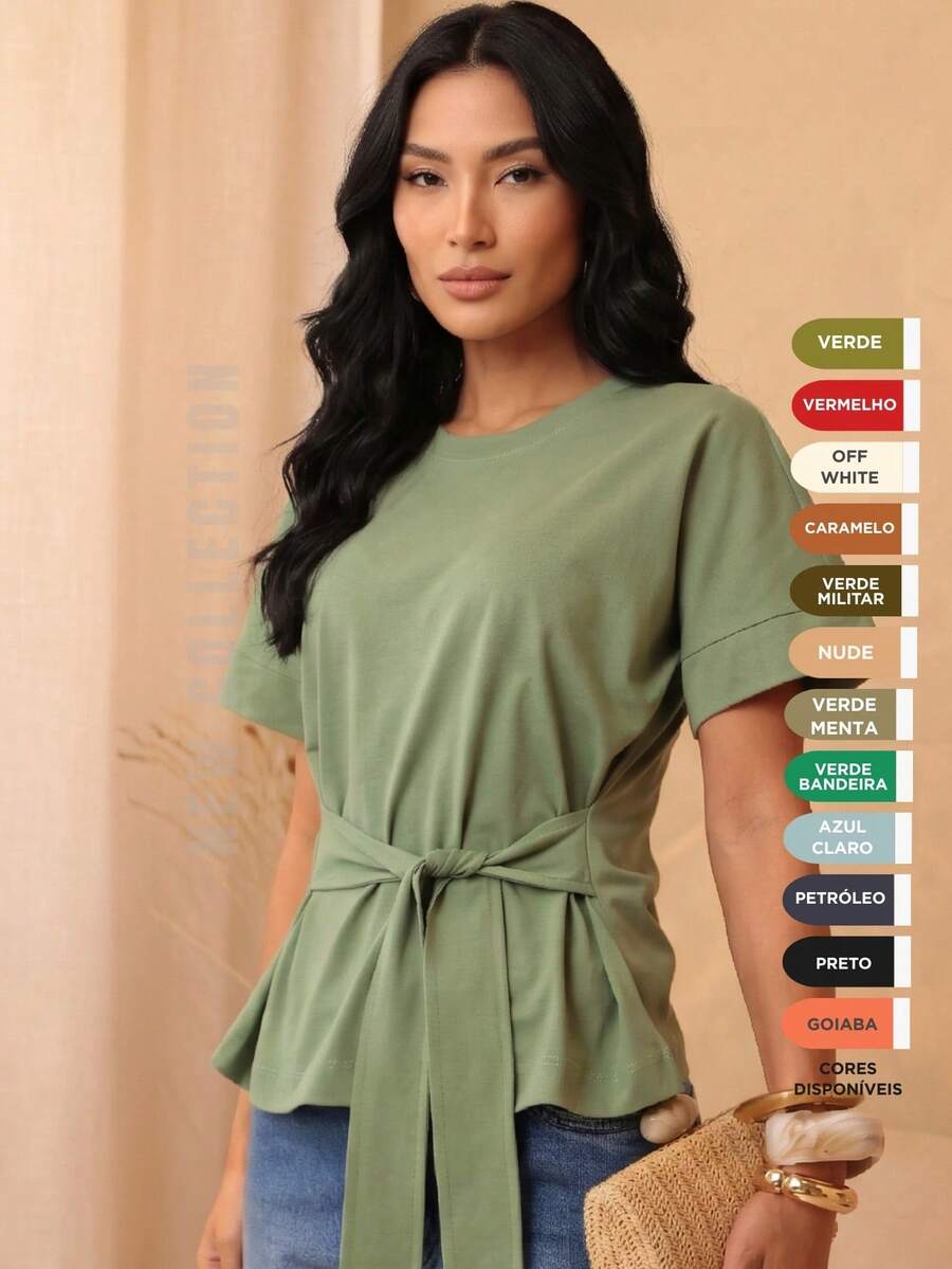 Stylish Women's Cotton T-Shirt With Tie Detail, Short Sleeves - Màu xanh Bạc hà - Xem 1