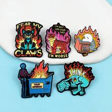 1件套黑色珐琅骷髅猫徽章 - 火焰徽章，适合朋克风格和情感表达服饰 - 彩色 - 查看 3