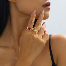 一套心形情侣戒指，优雅可爱，情人节订婚戒指礼物 - 金色 - 查看 8