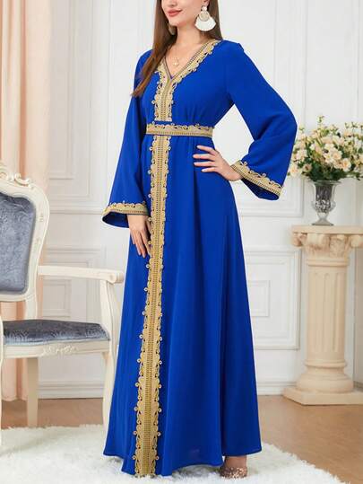 Elegant Conservative Embroidered Waist Belt Lace Patchwork Formal Evening Gown, Suitable For Arabian Wedding