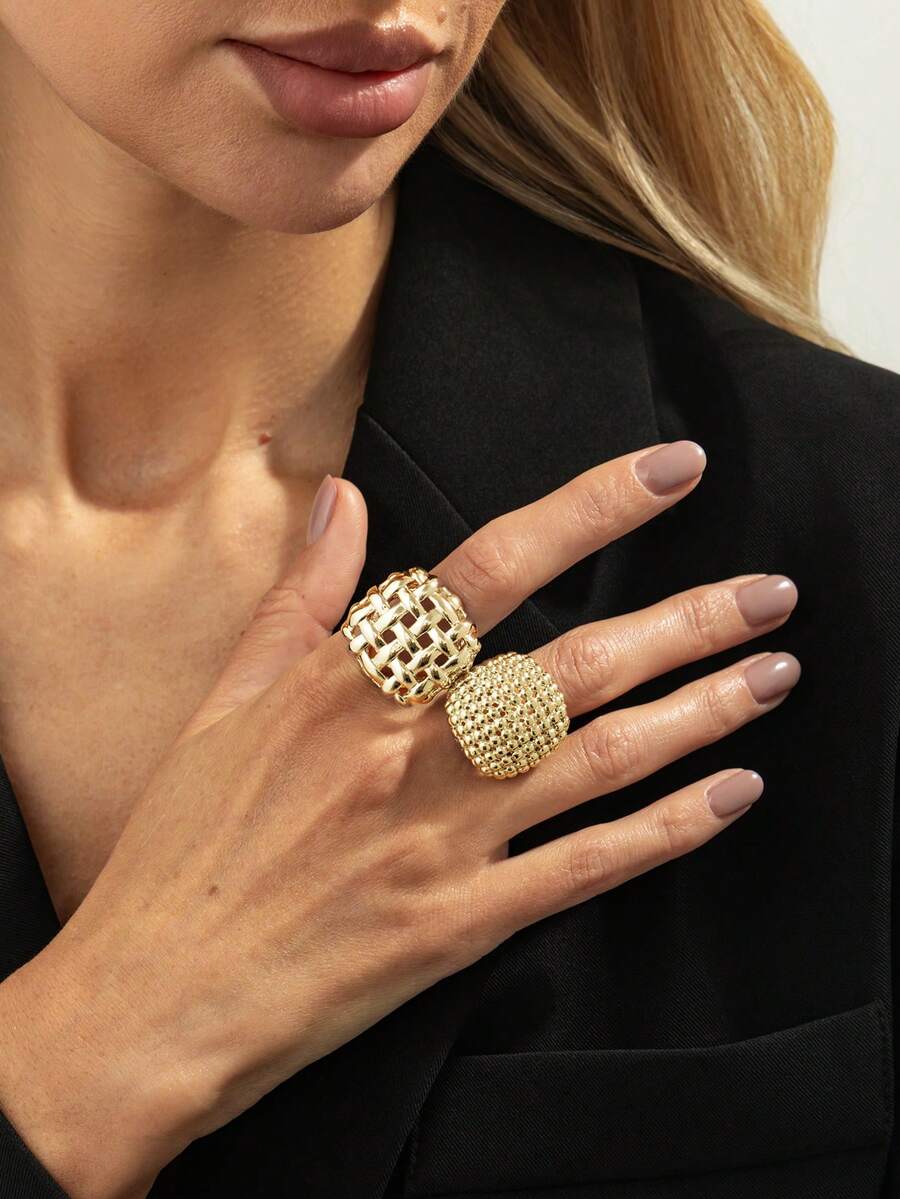 两件套时尚优雅几何镂空编织迷人金属开口戒指套装，奢华精致，适合婚礼、派对、度假、休闲、街头摄影、女士及情侣、节日、生日等场合，百搭戒指礼品。