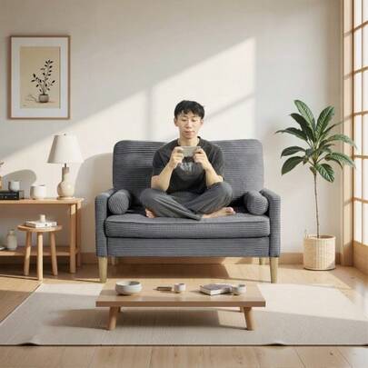 Two-Seater Corduroy Sofa, Nordic Style Fabric Sofa With Padded Cushions, Compact Sofa For The Living Room, Apartment Or Bedroom