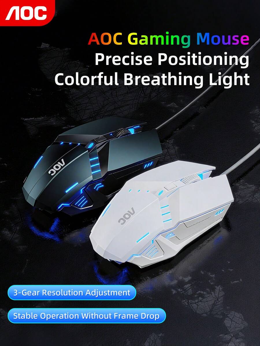 AOC Wired Gaming Mouse: Comfortable Grip, Excellent Control, Six-Level Resolution Switching, Breathing Light Effect, Vivid Rhythm, Plug And Play. - View 1