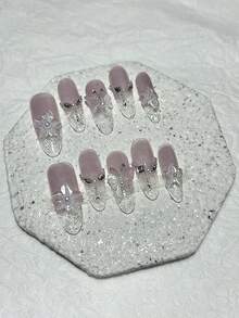 10片/套 春季3D泡桐花美甲贴纸，闪亮紫色和粉色猫眼假指甲，珍珠蝴蝶花瓣椭圆形美甲用品（1片果冻贴纸+1个指甲锉） - 淡紫色 - 查看 10