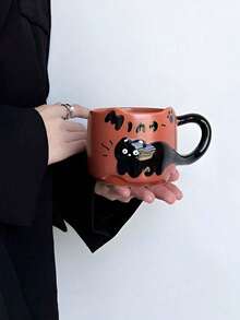 1pc Black Cat Relief Ceramic Mug, Heat-Resistant Cup, Suitable For Breakfast, Afternoon Tea, Home/Office Coffee Cup, Birthday Gift, Holiday Gift, Corporate Welfare, Gift For Boyfriend/Girlfriend, Mother's Day Gift - Multicolor - View 1