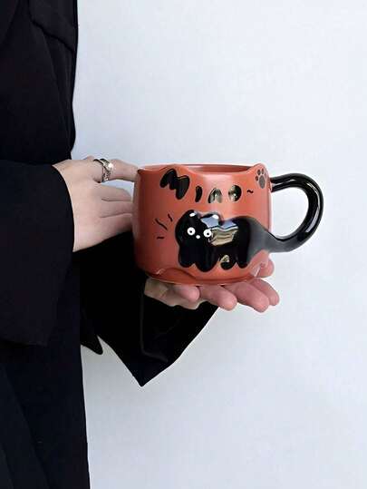 1 pieza Taza de cerámica con relieve de gato negro, taza resistente al calor para latte/capuchino para desayuno, té de la tarde, café en casa/oficina, regalo de cumpleaños, regalo festivo, bienestar corporativo, regalo para novio/novia, regalo del Día de la Madre