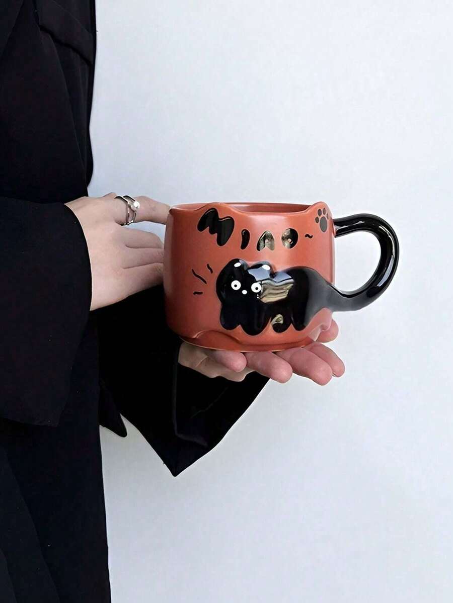 1pc Black Cat Relief Ceramic Mug, Heat-Resistant Cup, Suitable For Breakfast, Afternoon Tea, Home/Office Coffee Cup, Birthday Gift, Holiday Gift, Corporate Welfare, Gift For Boyfriend/Girlfriend, Mother's Day Gift - Multicolor - View 1