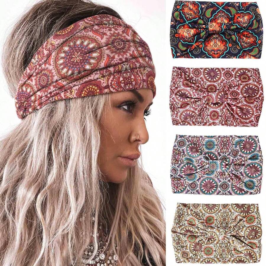 1 pieza Diadema ancha de moda estilo bohemio, diadema elástica con estampado floral antideslizante, pañuelo para el cabello de yoga y fitness, accesorio para el cabello estilo bohemio, hecho de fibra de poliéster, para playa y vacaciones - Multicolor - Ver 1