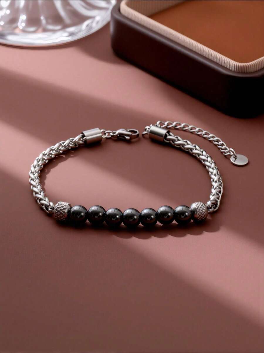 6毫米黑色玛瑙串珠十字架吊坠，搭配不锈钢圆链，时尚简约的中性设计 - 黑色 - 查看 1