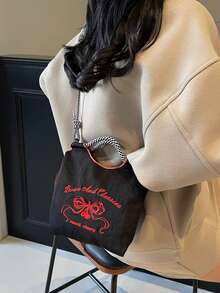 Sweet Girl Style Butterfly Embroidery Nylon Bag, Black & White Woven Strap Tote Shoulder Bag - Black - View 5