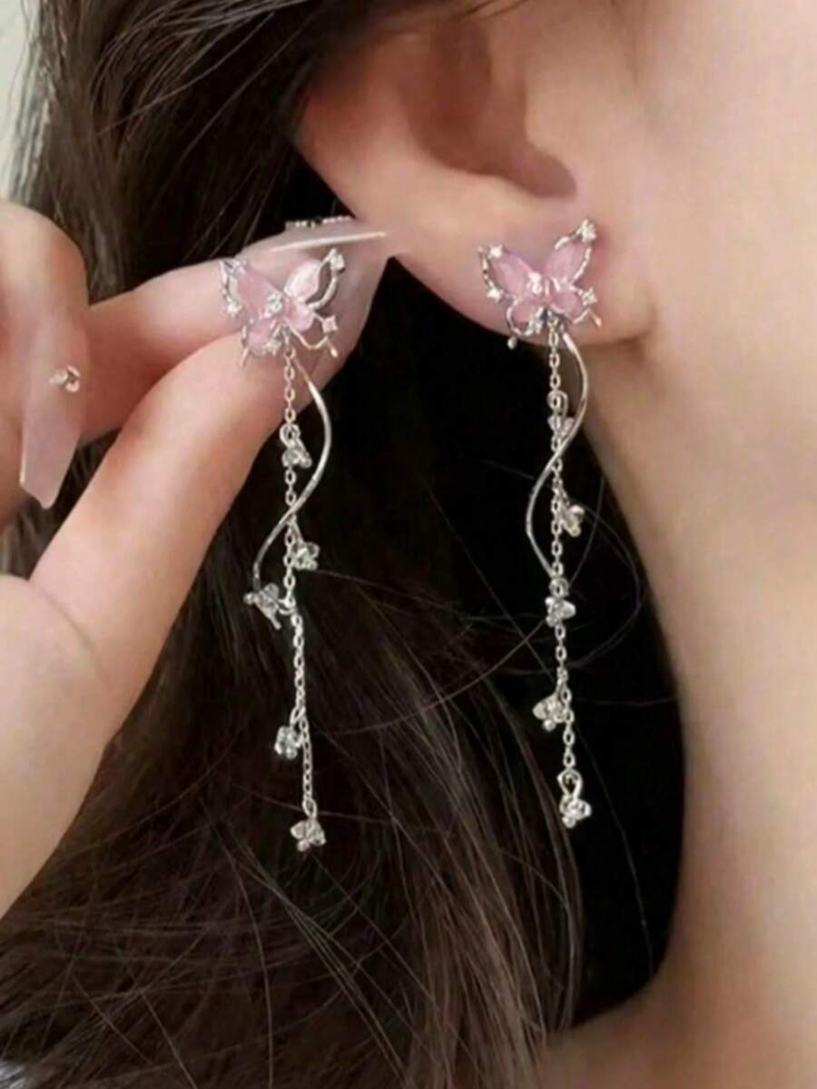 2 đôi bông tai hình bướm, bông tai mặt dây chuyền hình bướm màu xanh lá cây có tua rua, ngọt ngào và thời trang, phù hợp cho phụ nữ đeo hàng ngày, đi nghỉ mát, dự tiệc. - Hồng - Xem 1