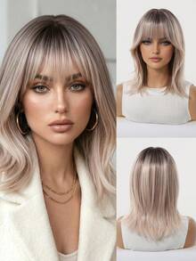 14英寸渐变金色合成假发，女士自然直发短假发，带刘海，适合日常、工作、派对等场合佩戴 - 漸變金色 - 查看 2