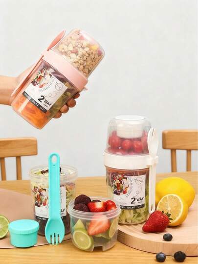 1 pieza Taza de ensalada de doble capa creativa con tapa y cuchara, taza de ensalada para el desayuno con tapa y cuchara, recipiente de alimentos para el desayuno, taza de ensalada portátil 2 en 1, taza de ensalada de frutas y verduras reutilizable y portátil, taza de yogur, taza adelgazante, taza de agua portátil, para yogur, cereales, avena de la noche, aperitivos, para la escuela, la oficina, la cocina, útiles escolares, de vuelta a la escuela, también ideal como ayuda de estudio o regalo único, Día de la Madre.