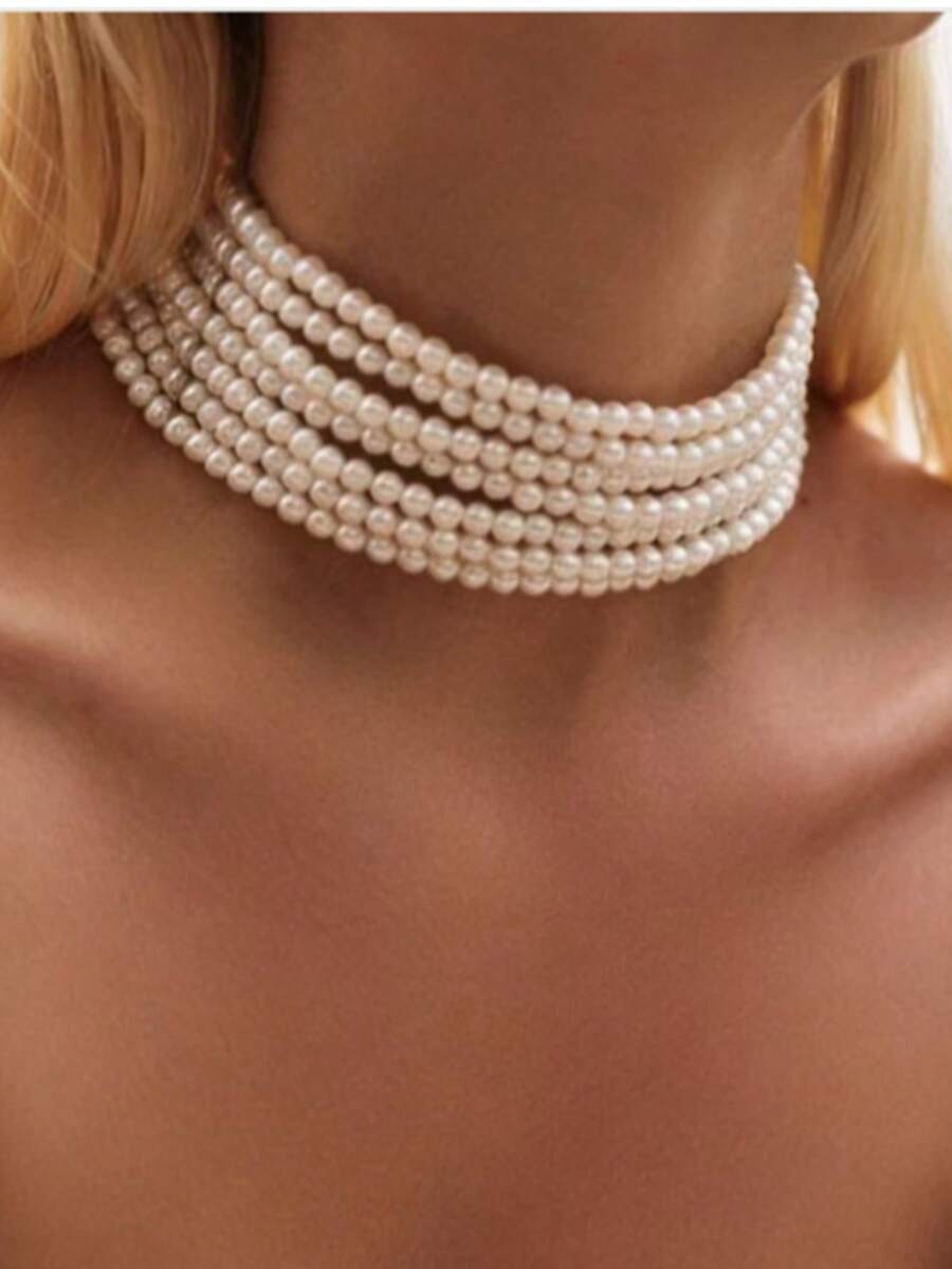 1pc Handmade Multi-Layer Faux Pearl Choker Necklace - Multicolor - View 1