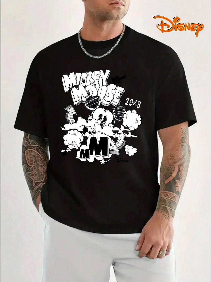 Disney Men's Casual T-Shirt, "Mickey Mouse 1928" Comic Print, Retro Pop Art Design, Relaxed Fit, Perfect For Nostalgic Style - 黑色 - 查看 1