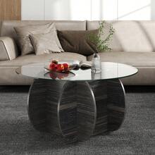 COSTWAY 35" Round Coffee Table, Modern Accent Table With Tempered Glass Top & Solid Wood Base, Unique Circle Center Table With Storage Compartment For Living Room, Black - Black - View 9