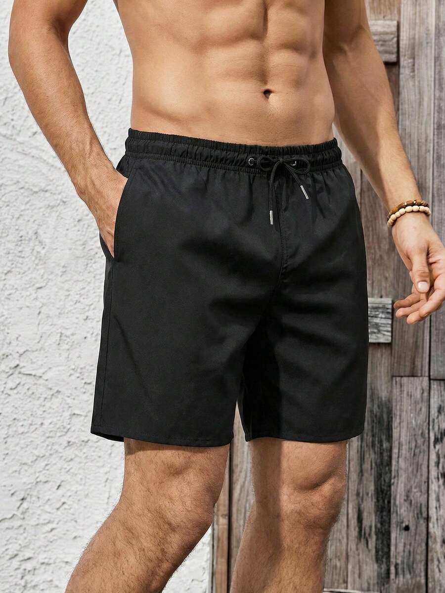 Mercer Haus Men's Solid Color Drawstring Waist Pocket Casual Beach Shorts , Suitable For Summer Tropical Holiday Vacation In Hawaii. - Black - View 1