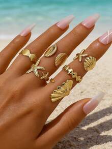 6pcs Vintage Metal Ocean Starfish Shell Open Ring Set, Suitable For Women Summer Holiday Party Beach Accessories - Yellow Gold - View 1