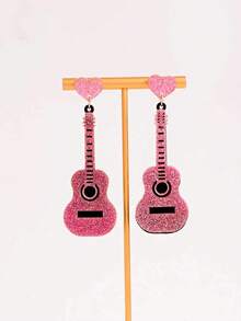 1 Pasang Anting Akrilik Kreatif Berbentuk Gitar, Anting Musik yang Unik untuk Penggemar Hip-Hop - MultiWarna - View 2