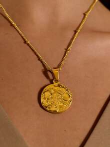 MECYLIFE 1pc Stainless Steel Round Moon Sun Star Pendant Necklace, Simple Design Women Necklace - Yellow Gold - View 2