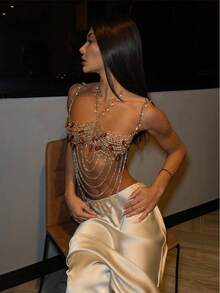 Glossmoon Xin New Beaded Bra Top, Beaded Bikini Cover-Up, Fringed Tank Top, Women's Top, Beachwear, Nightclub Bikini Jewelry - Light Gold - 查看 2