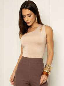 Blusa Feminina Nula Manga Um Ombro Elegante Festa Regata Nude Bege - Bege - Visão 7
