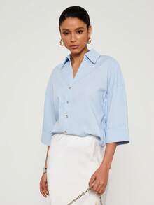 女士休闲宽松翻领衬衫，春夏款 - 淺藍色 - 查看 6