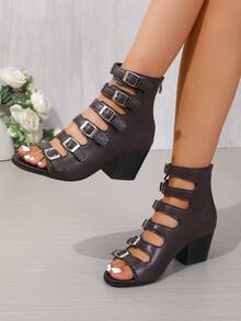 女士棕色新款时尚朋克风圆头镂空鞋面皮带扣装饰夏季户外休闲派对后拉链设计套脚粗跟踝靴凉鞋 - 棕色 - 查看 4