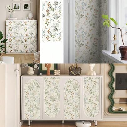 1 Roll Farmhouse Style Botanical Design Wallpaper, PVC Waterproof Self-Adhesive Wallpaper For Living Room, Bedroom, Home Decor, Cabinet, Desk Furniture Renovation, DIY Easy Installation, Peel And Stick, 17.7inX39.3/118.1/196.8in